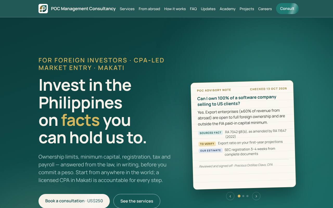 POC Management Consultancy website, home page
